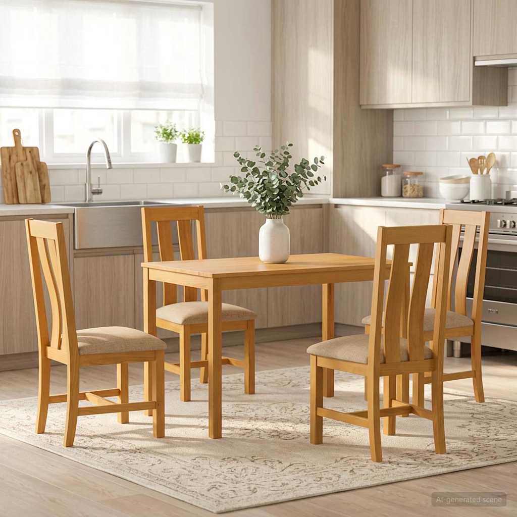 Dining Set 5 pcs Beige Solid Oak Wood