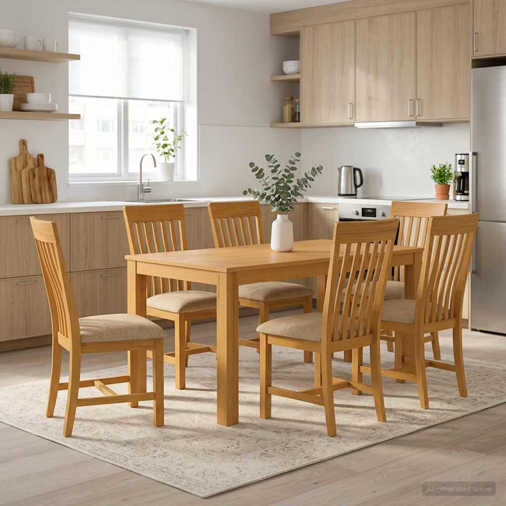 Dining Set 7 pcs Beige Solid Oak Wood