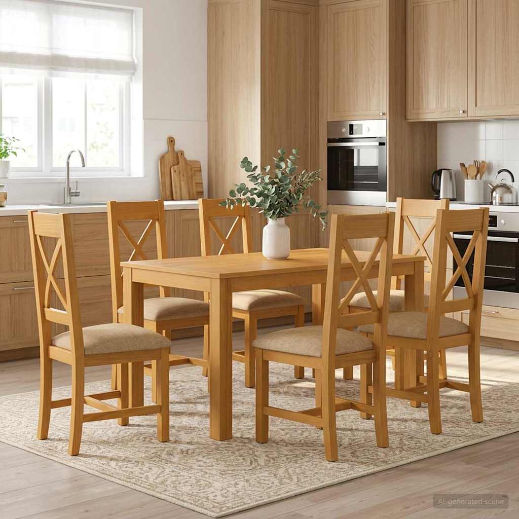 Dining Set 7 pcs Beige Solid Oak Wood