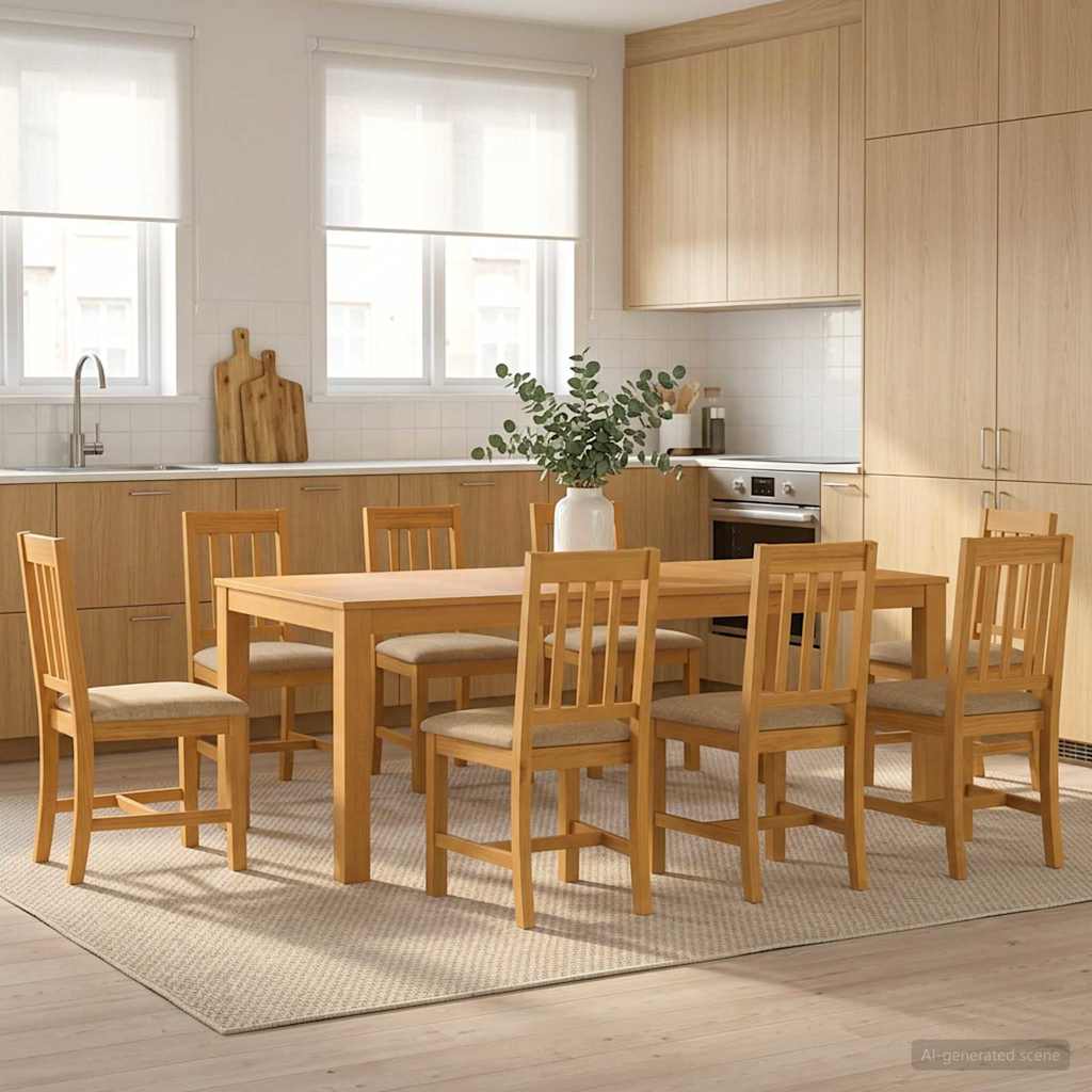 Dining Set 9 pcs Beige Solid Oak Wood