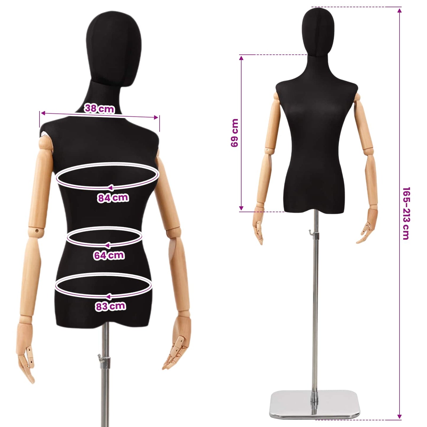 Adjustable 165-213 cm Mannequin with Base Female PP Black