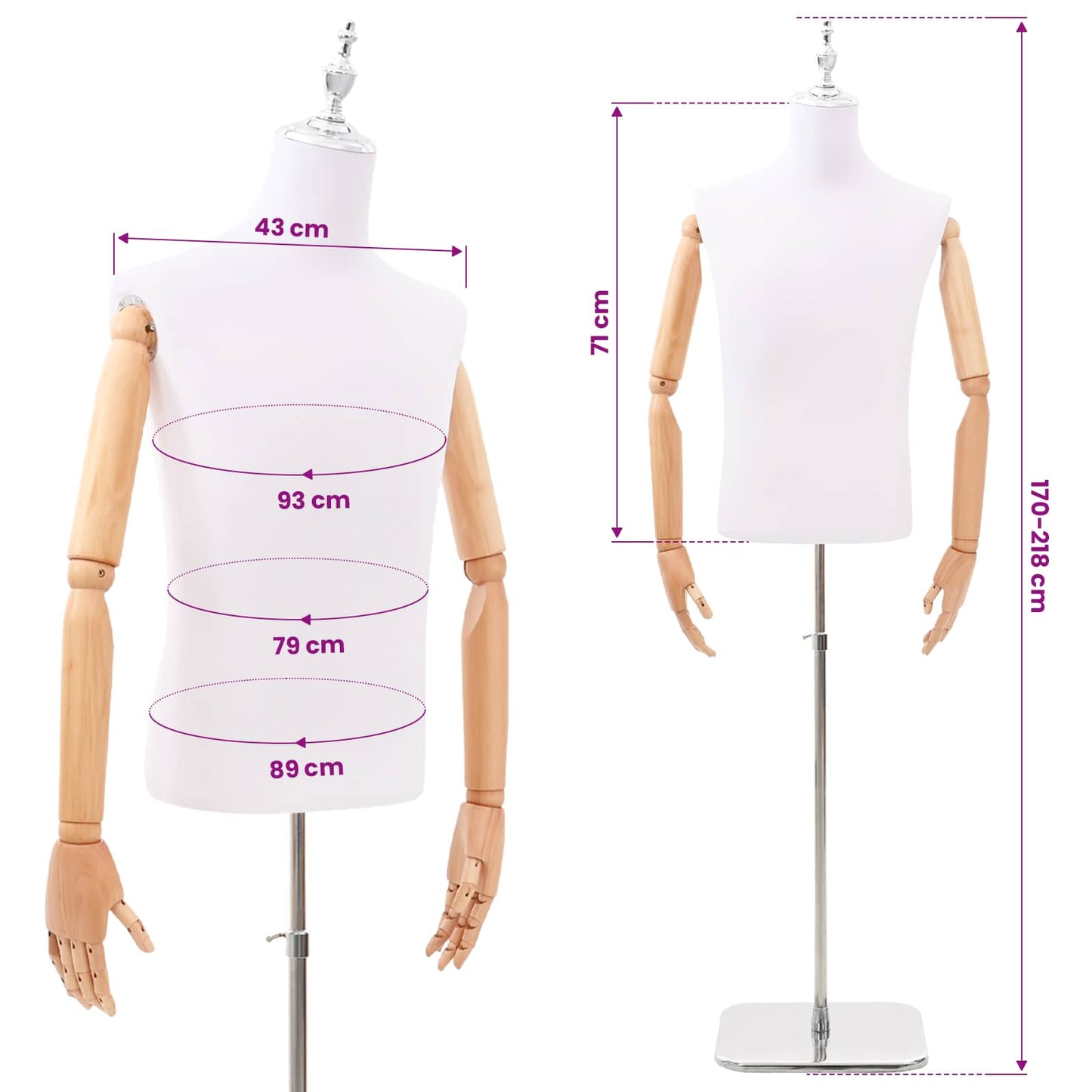 Adjustable 170-218 cm Mannequin with Base Male PP White