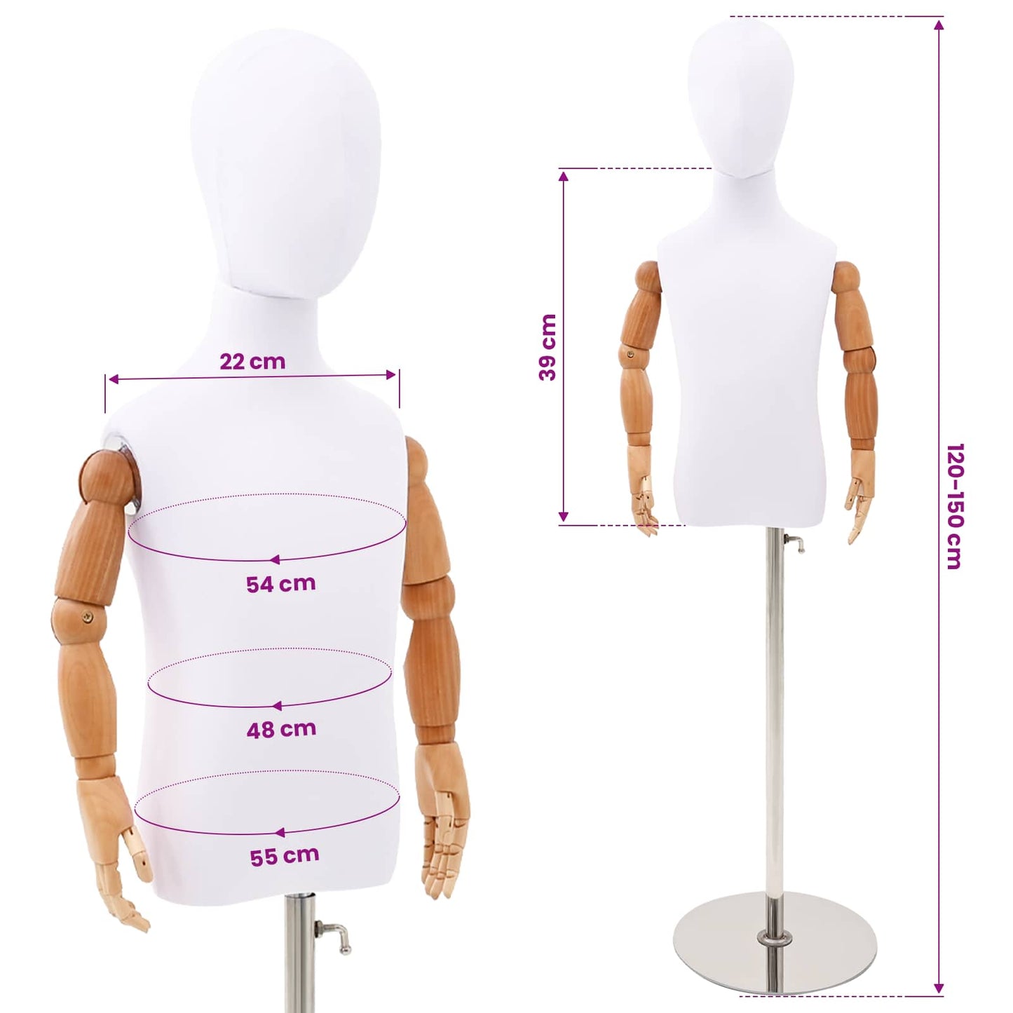 Adjustable 120-150 cm Mannequin with Base Unisex PP White