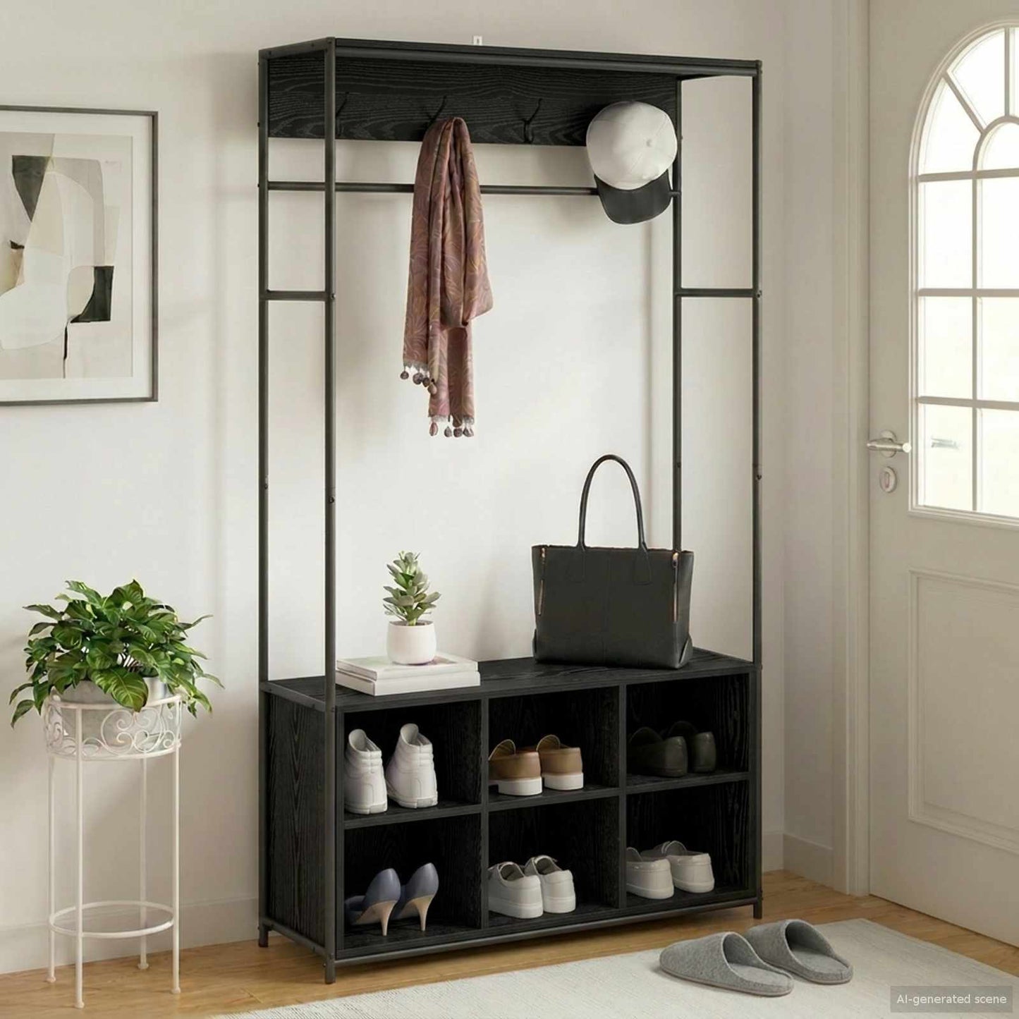 Coat Stand with Shoes Bench Black Oak 100 x 32 x 180.5 cm