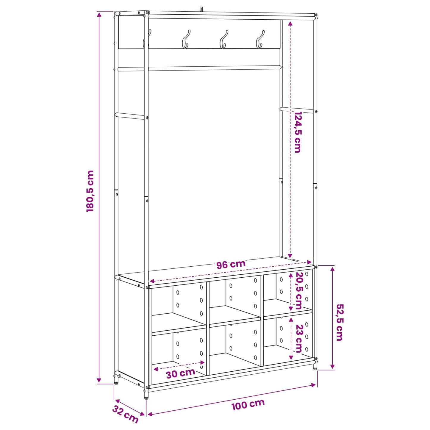 Coat Stand with Shoes Bench Grey Sonoma 100 x 32 x 180.5 cm