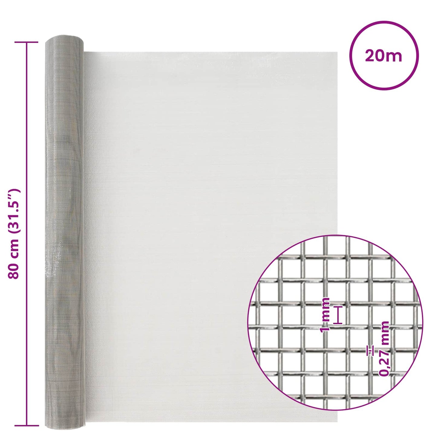 Mesh Screen 80 x 2000 cm 20 Mesh Stainless Steel 201 Silver