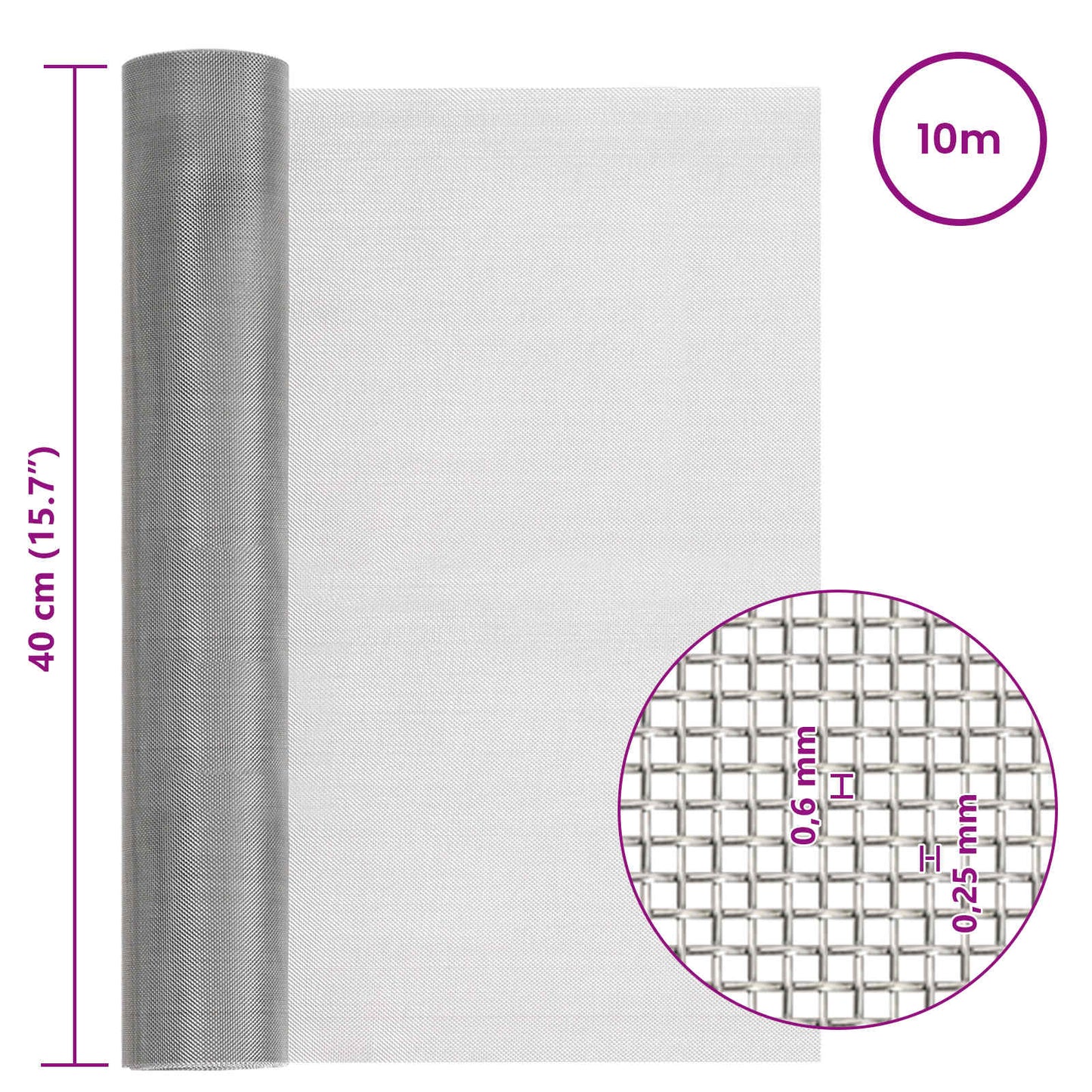 Mesh Screen 40 x 1000 cm 30 Mesh Stainless Steel 201 Silver