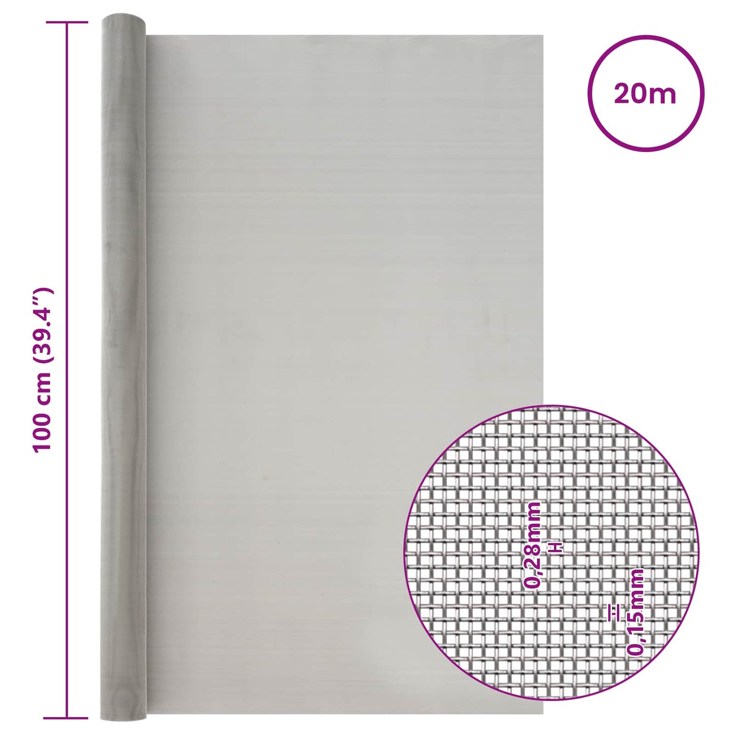 Mesh Screen 100 x 2000 cm 60 Mesh Stainless Steel 201 Silver