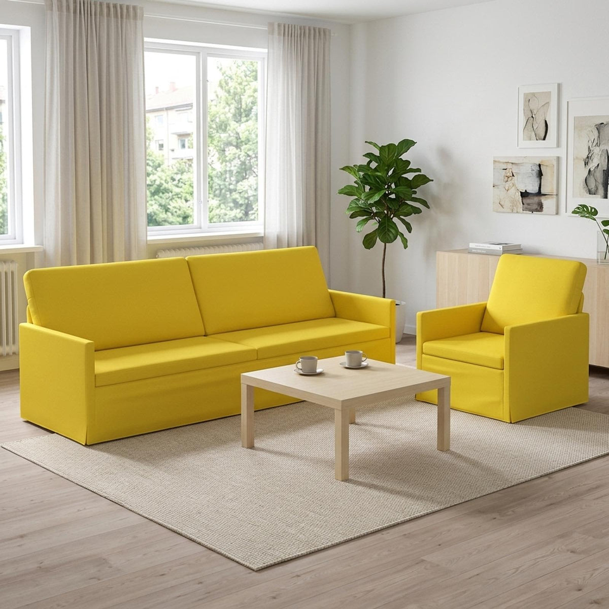 Sofa Set 2 pcs Light Yellow Fabric