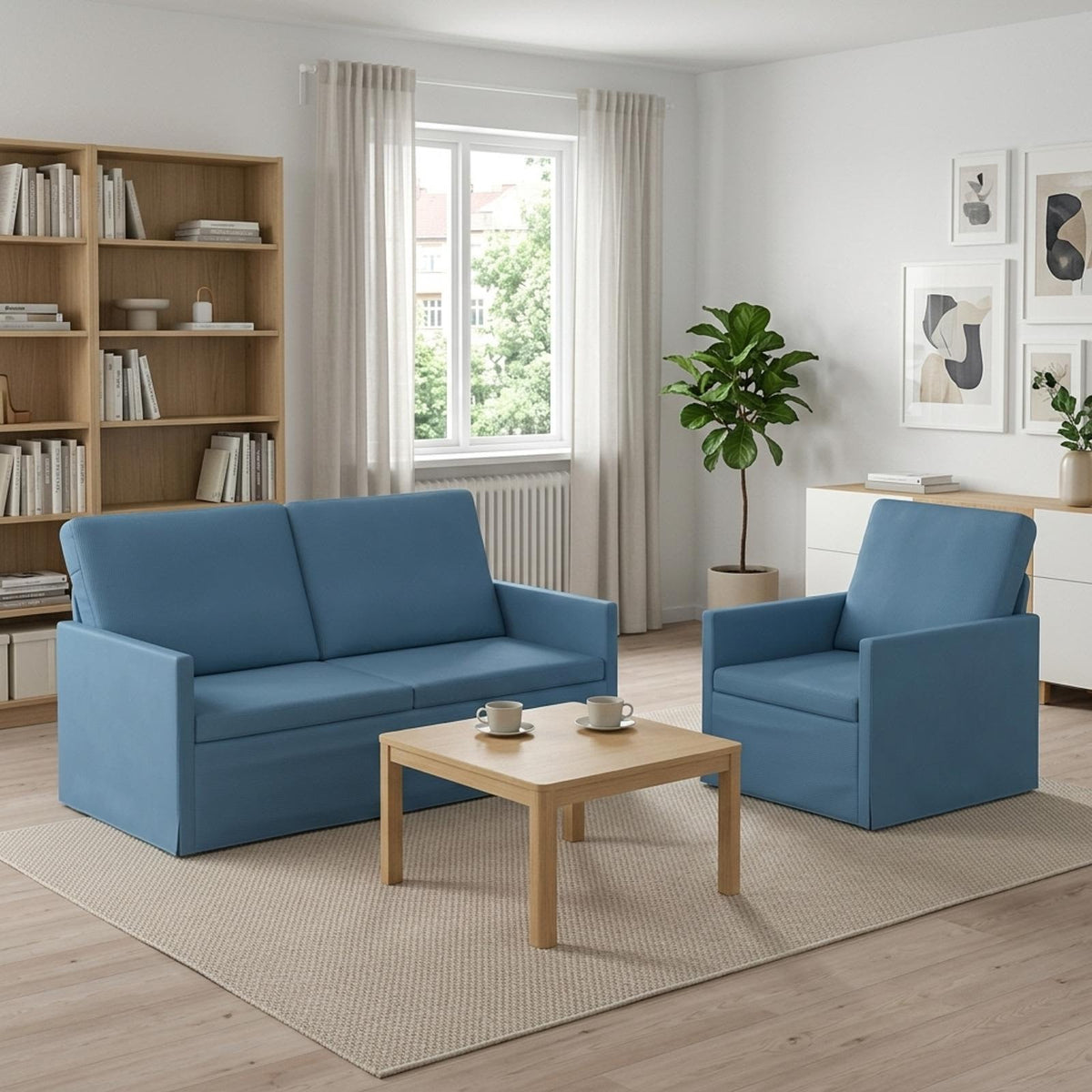 Sofa Set 2 pcs Blue Corduroy Fabric