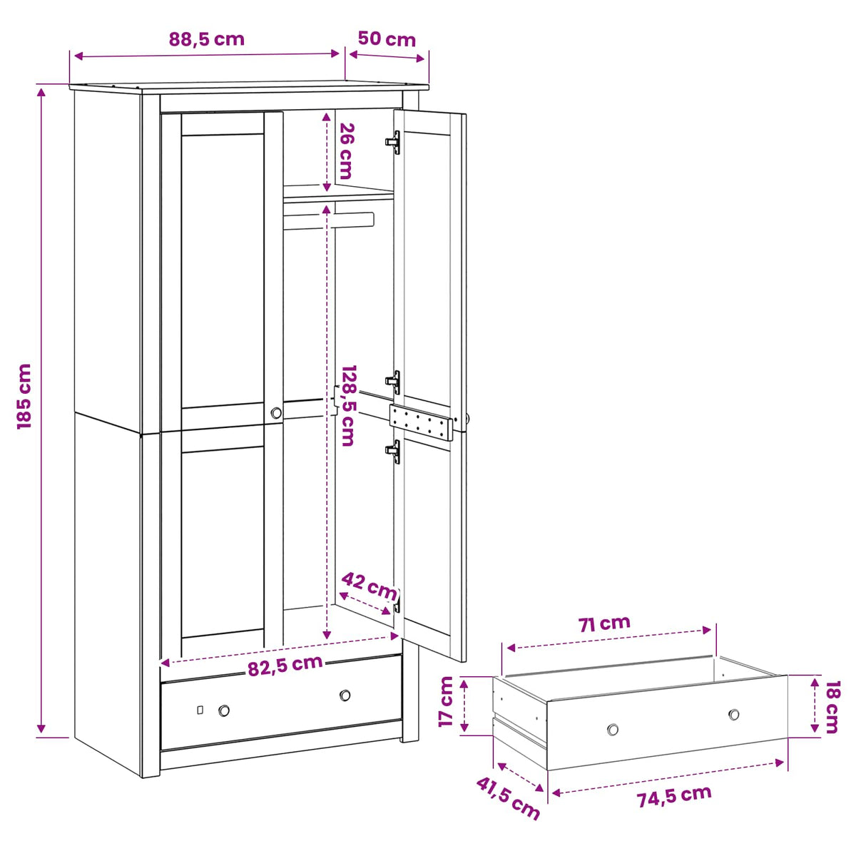 Wardrobe PANAMA Honey 88.5 x 50 x 185 cm Solid Pine Wood