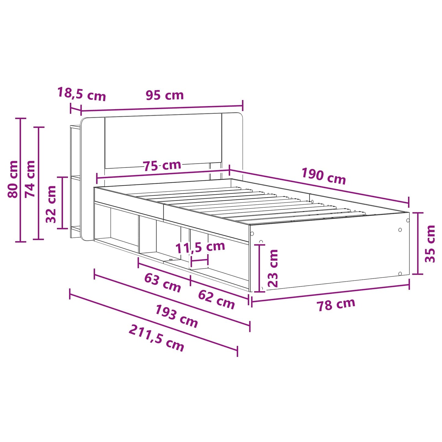 Bed Frame with Storage with Headboard Concrete Grey 75 x 190 cm