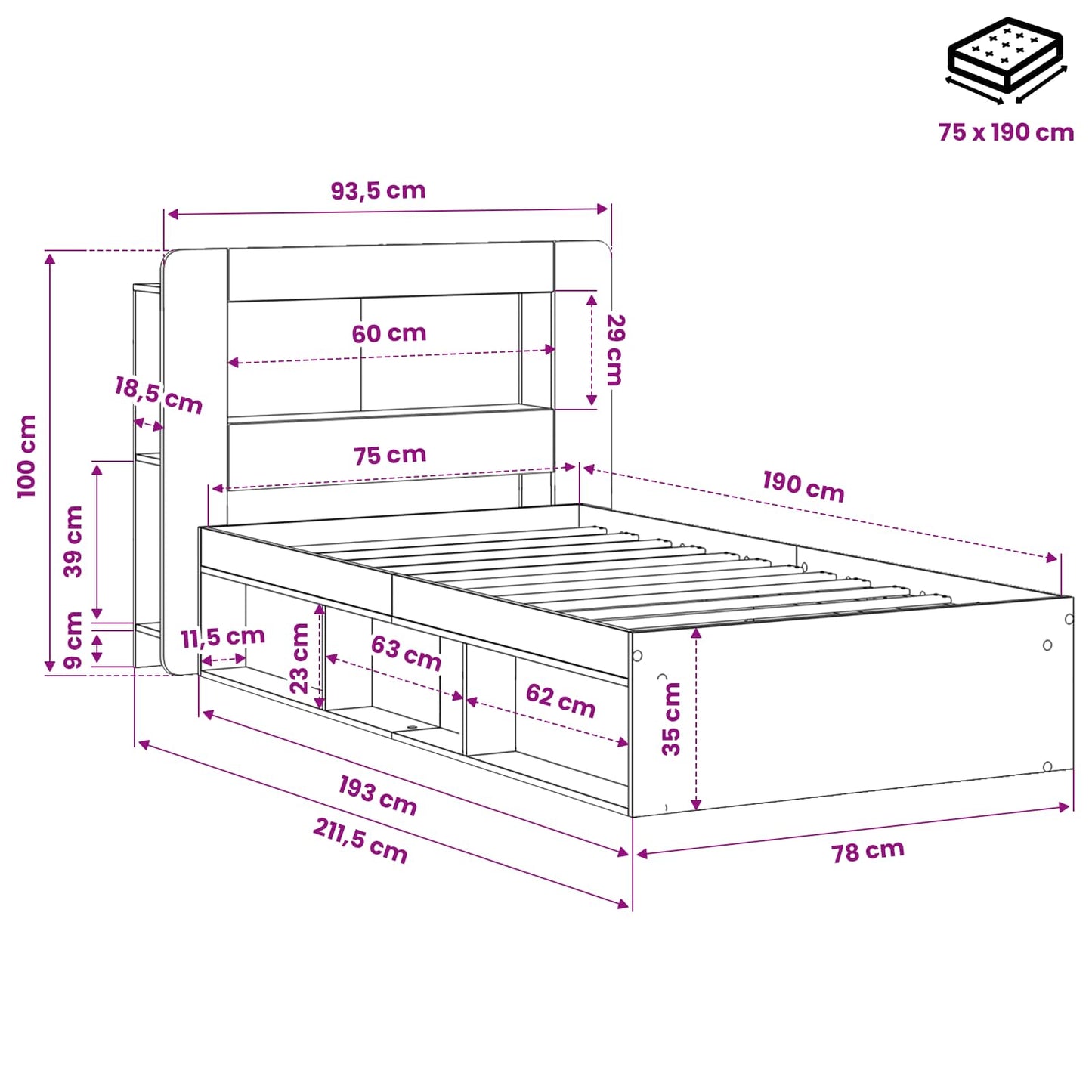 Bed Frame with Storage Black 75 x 190 cm Engineered Wood