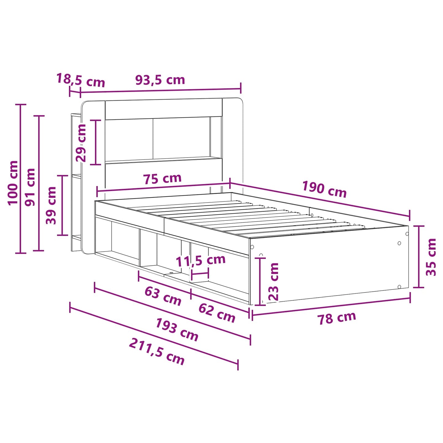 Bed Frame with Storage Grey Sonoma 75 x 190 cm Engineered Wood