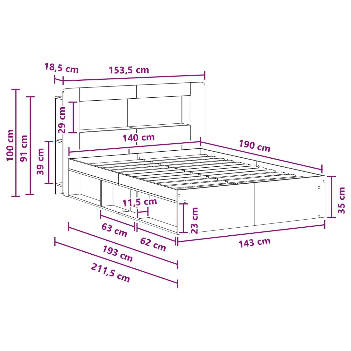 Bed Frame with Storage Concrete Grey 140 x 190 cm