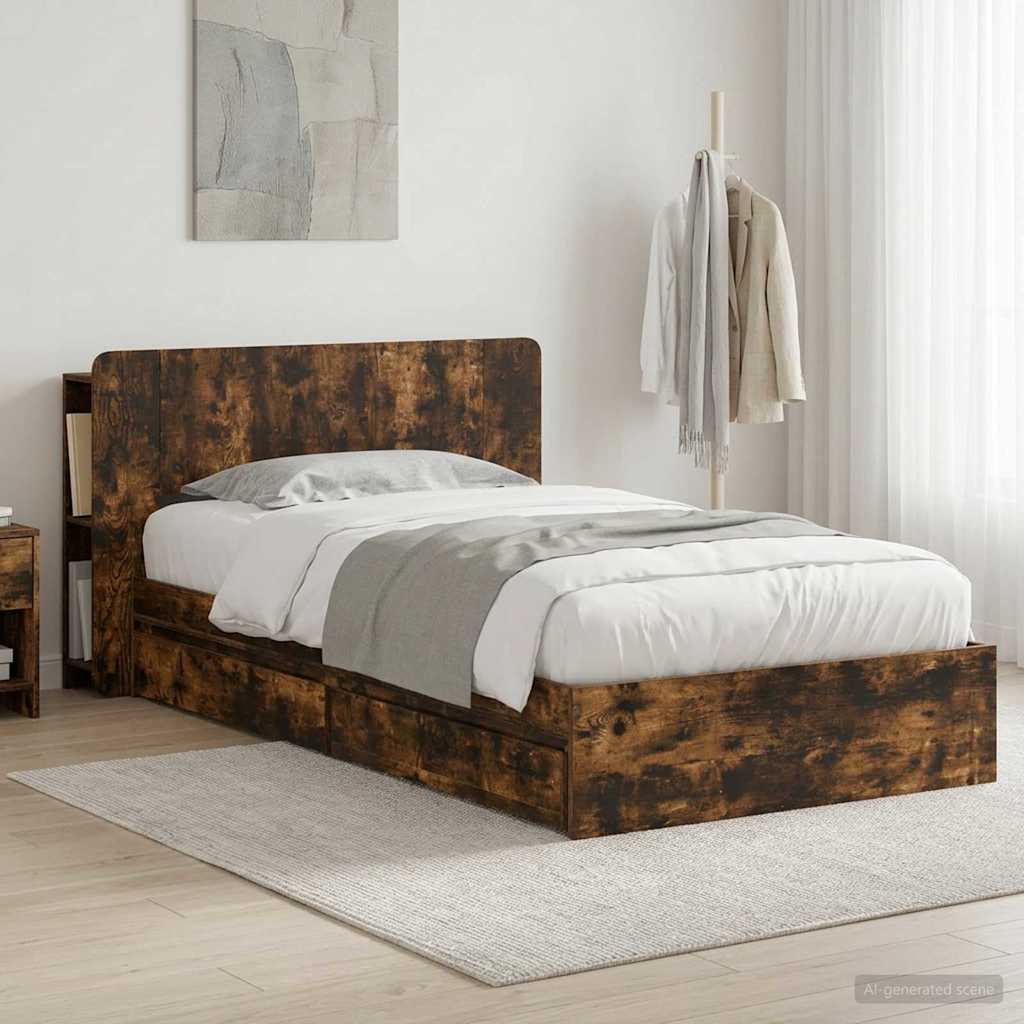 Bed Frame with Storage Smoked Oak 75 x 190 cm Engineered Wood