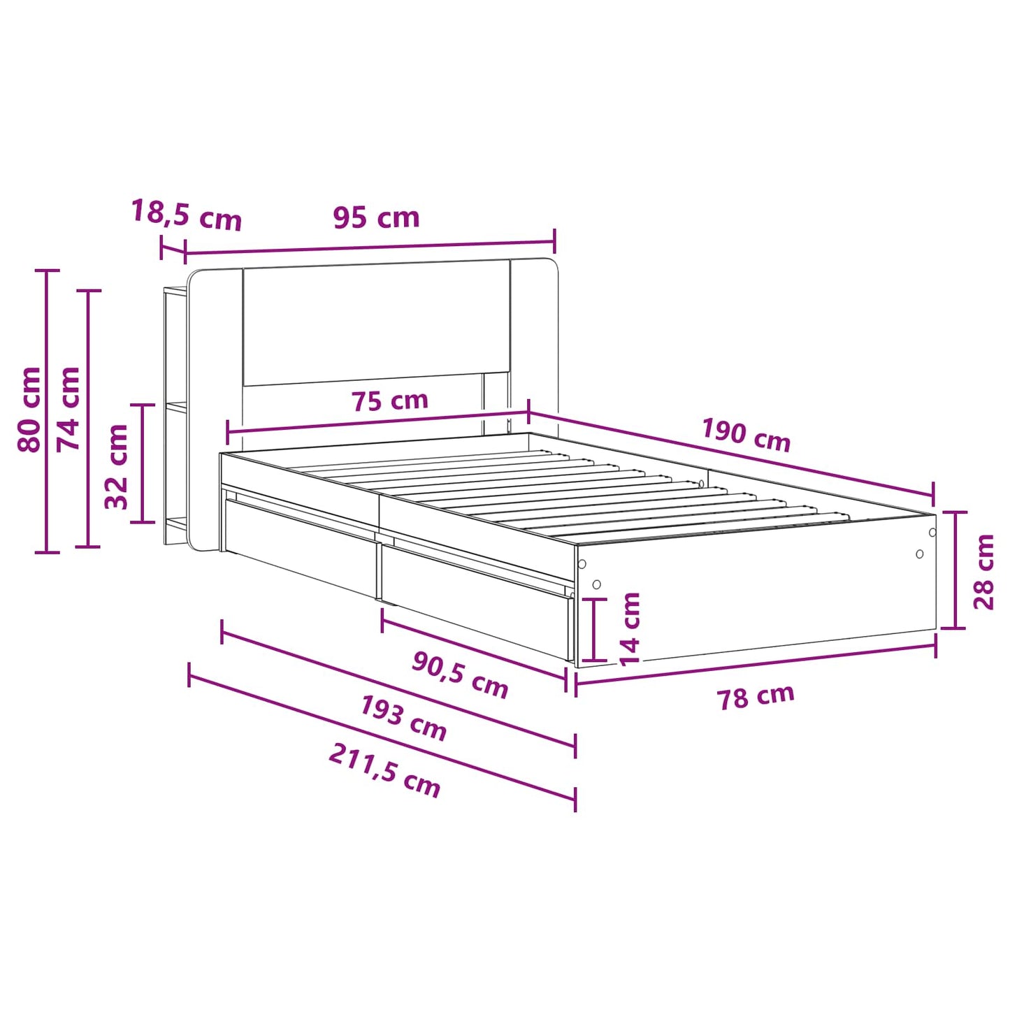 Bed Frame with Storage Smoked Oak 75 x 190 cm Engineered Wood