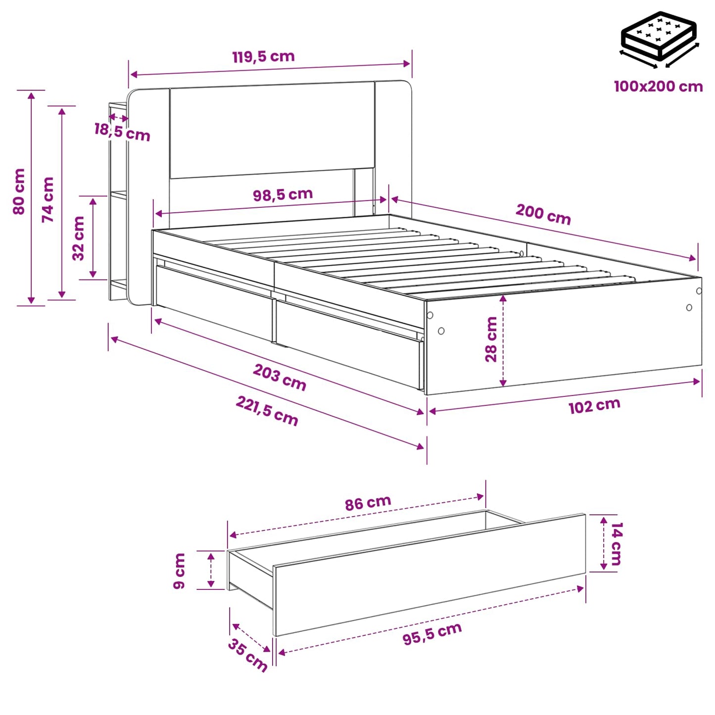 Bed Frame with Storage Grey Sonoma 100 x 200 cm Engineered Wood