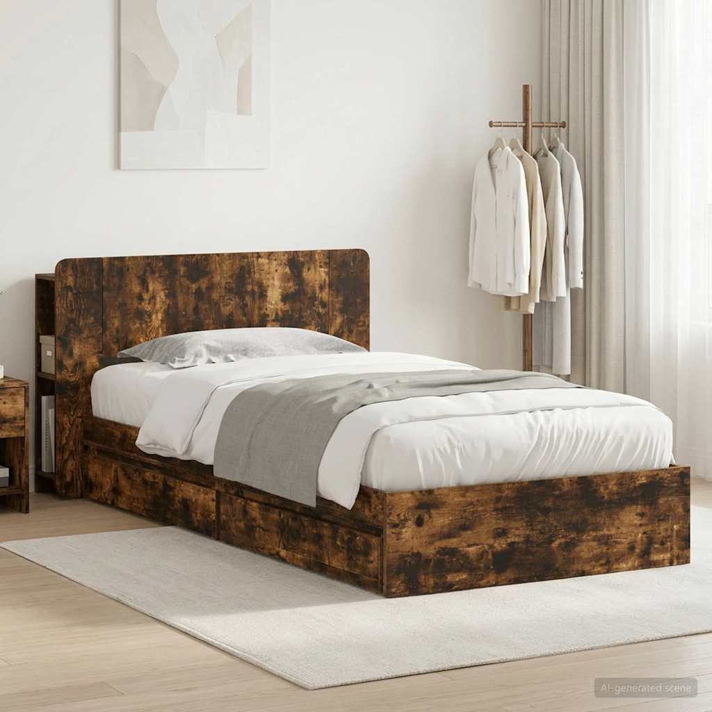 Bed Frame with Storage Smoked Oak 100 x 200 cm Engineered Wood