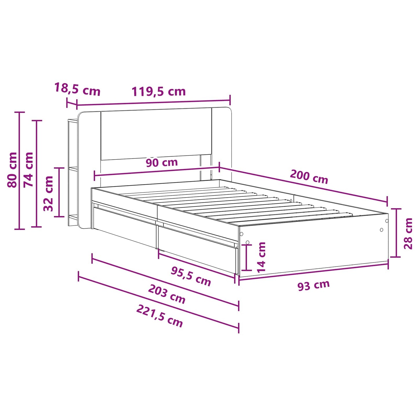 Bed Frame with Storage White 90 x 200 cm Engineered Wood