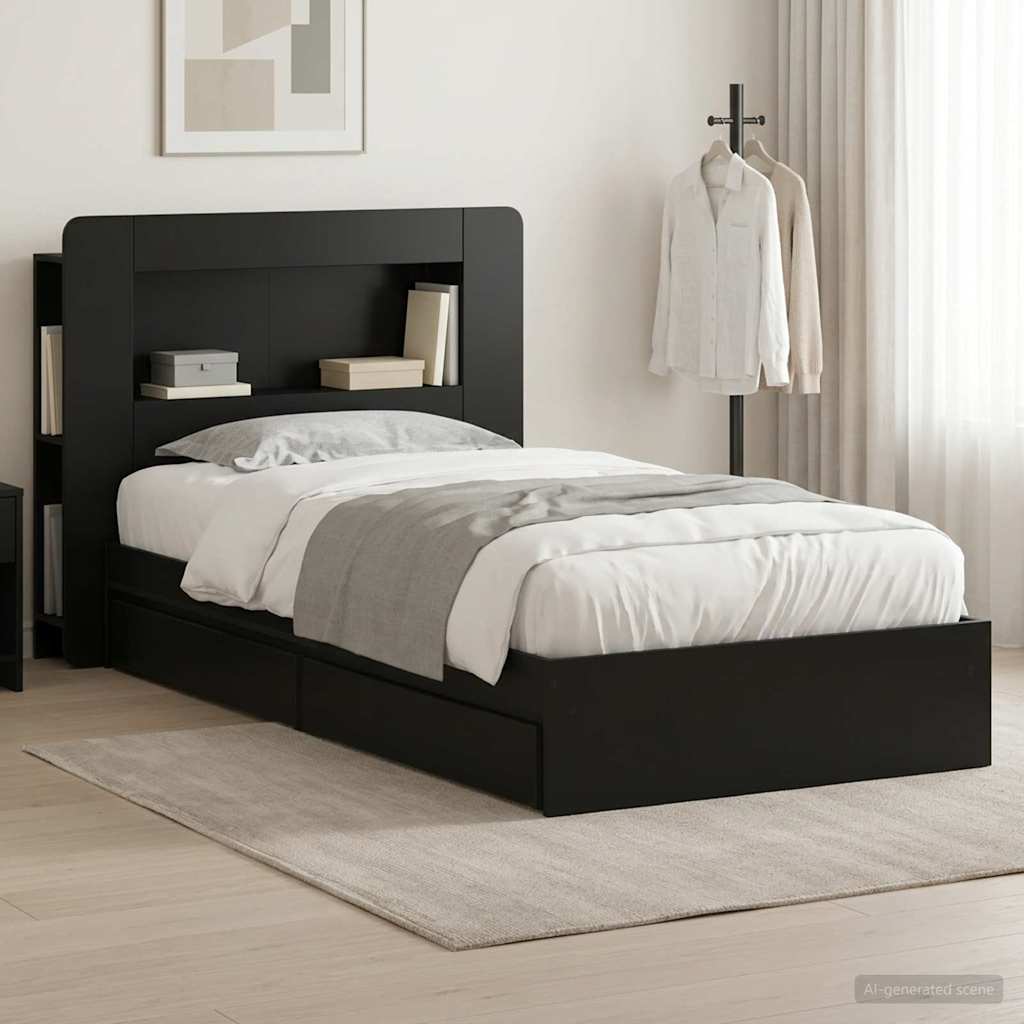 Bed Frame with Storage Black 75 x 190 cm Engineered Wood