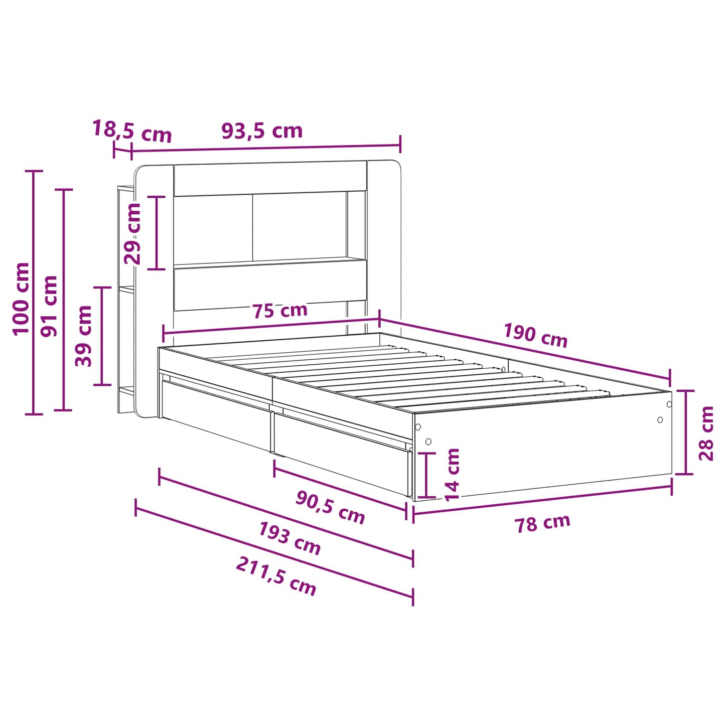 Bed Frame with Storage Grey Sonoma 75 x 190 cm Engineered Wood
