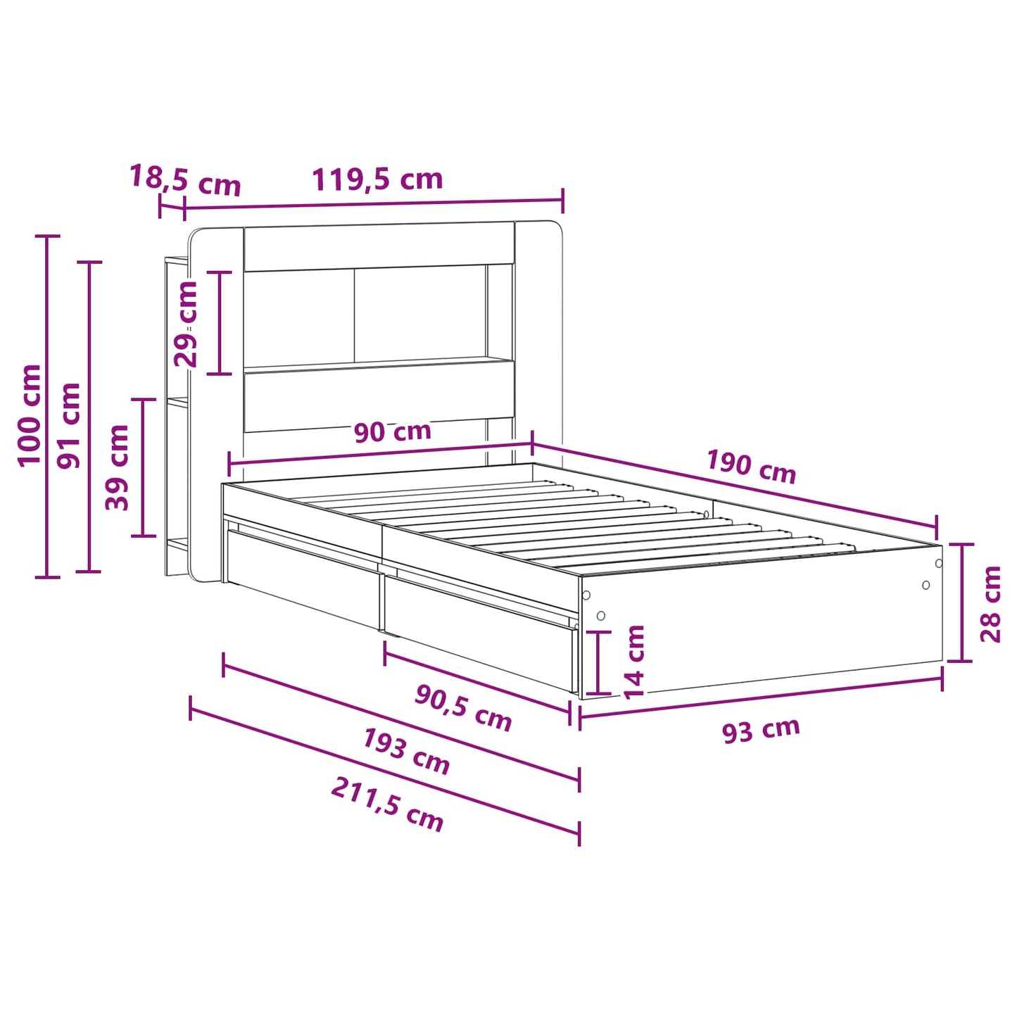 Bed Frame with Storage Sonoma Oak 90 x 190 cm Engineered Wood