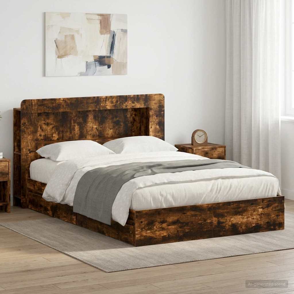Bed Frame with Storage Smoked Oak 135 x 190 cm Engineered Wood