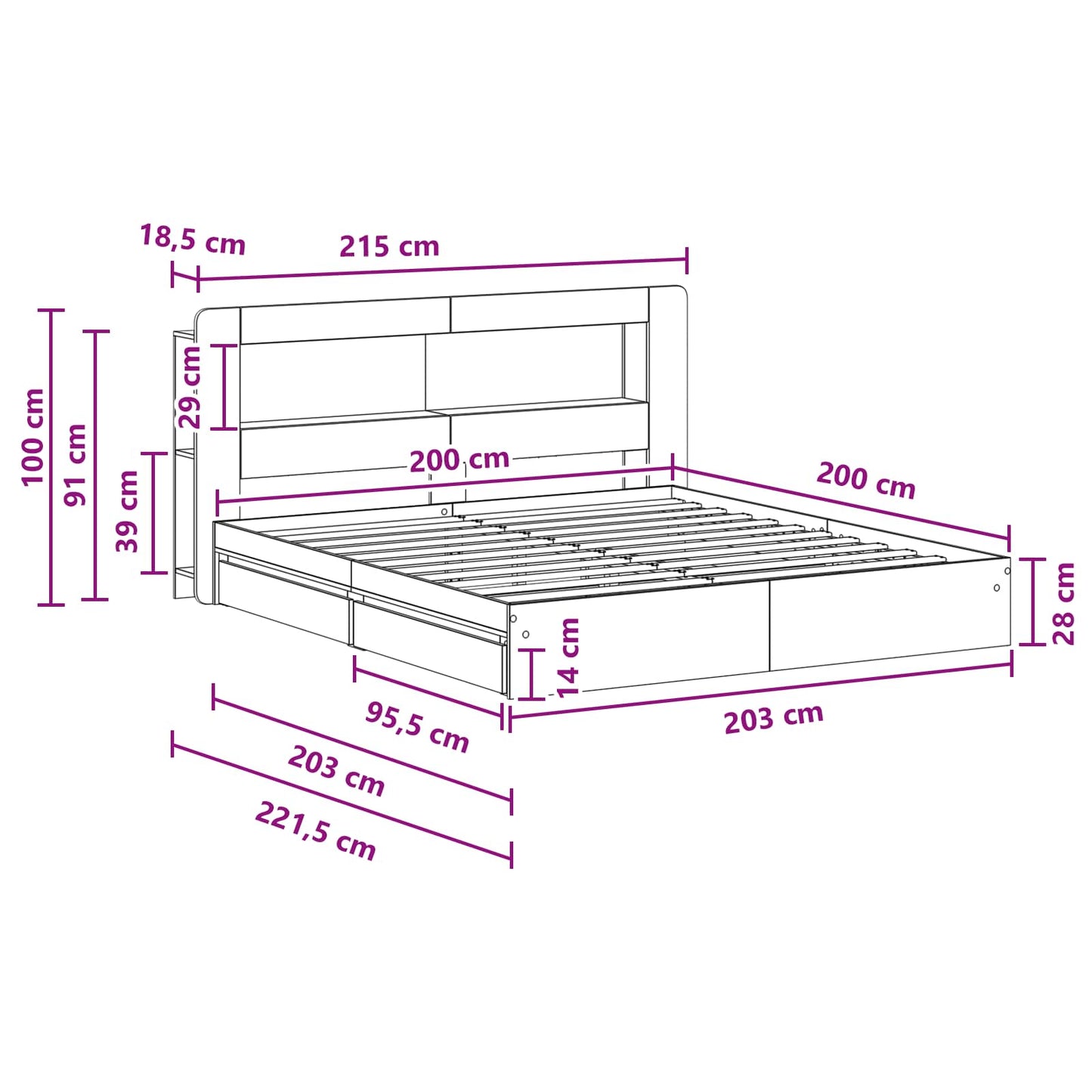 Bed Frame with Storage Black 200 x 200 cm Engineered Wood