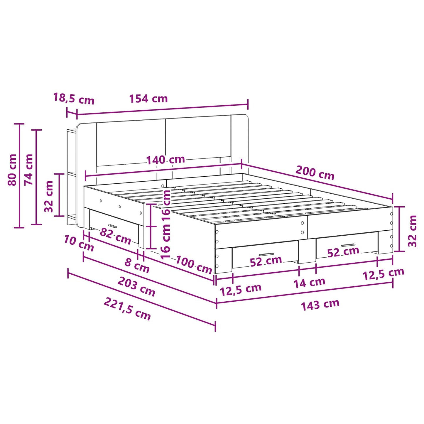 Bed Frame with Storage Grey Sonoma 140 x 200 cm Engineered Wood