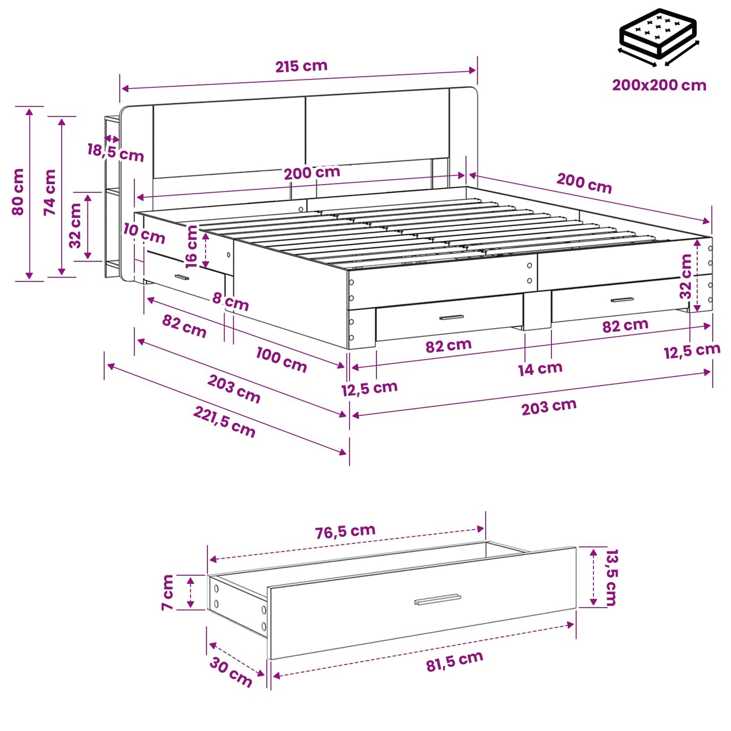 Bed Frame with Storage Grey Sonoma 200 x 200 cm Engineered Wood