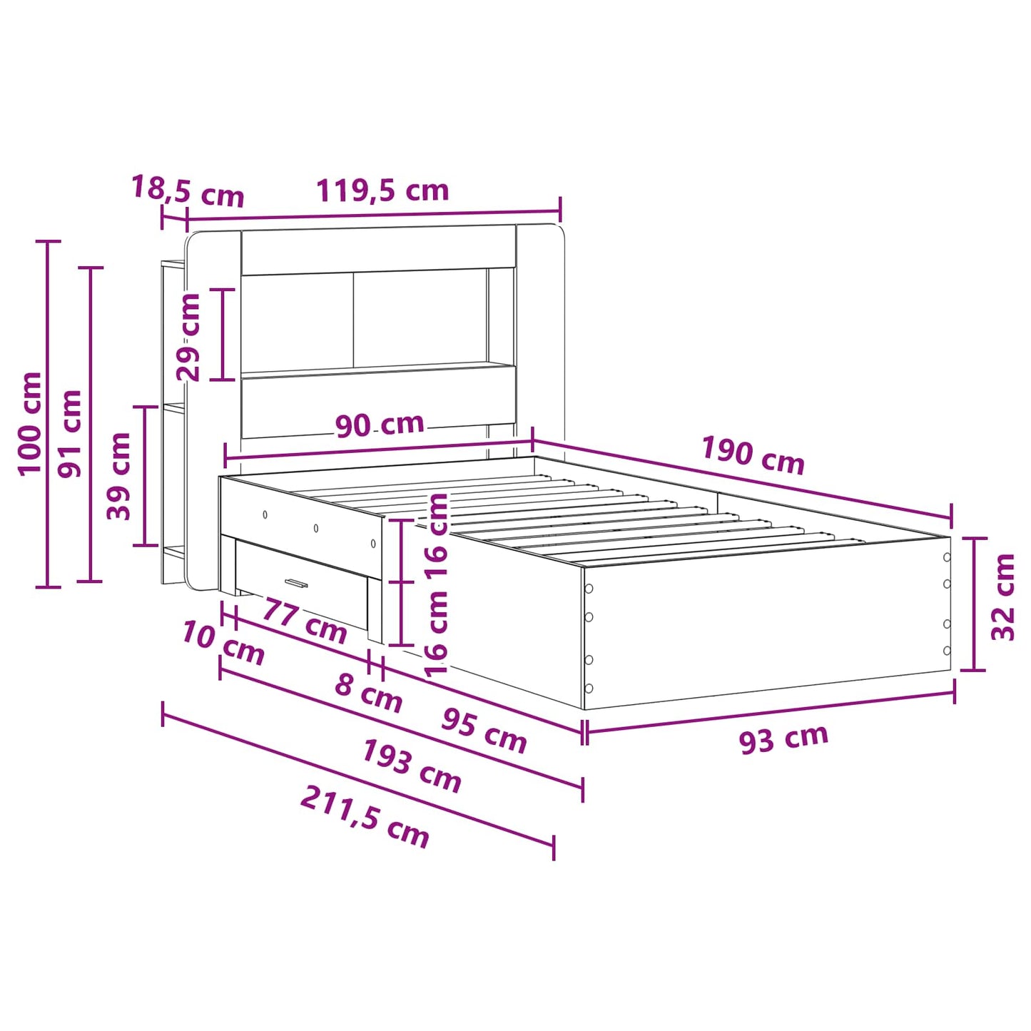 Bed Frame with Storage Sonoma Oak 90 x 190 cm Engineered Wood
