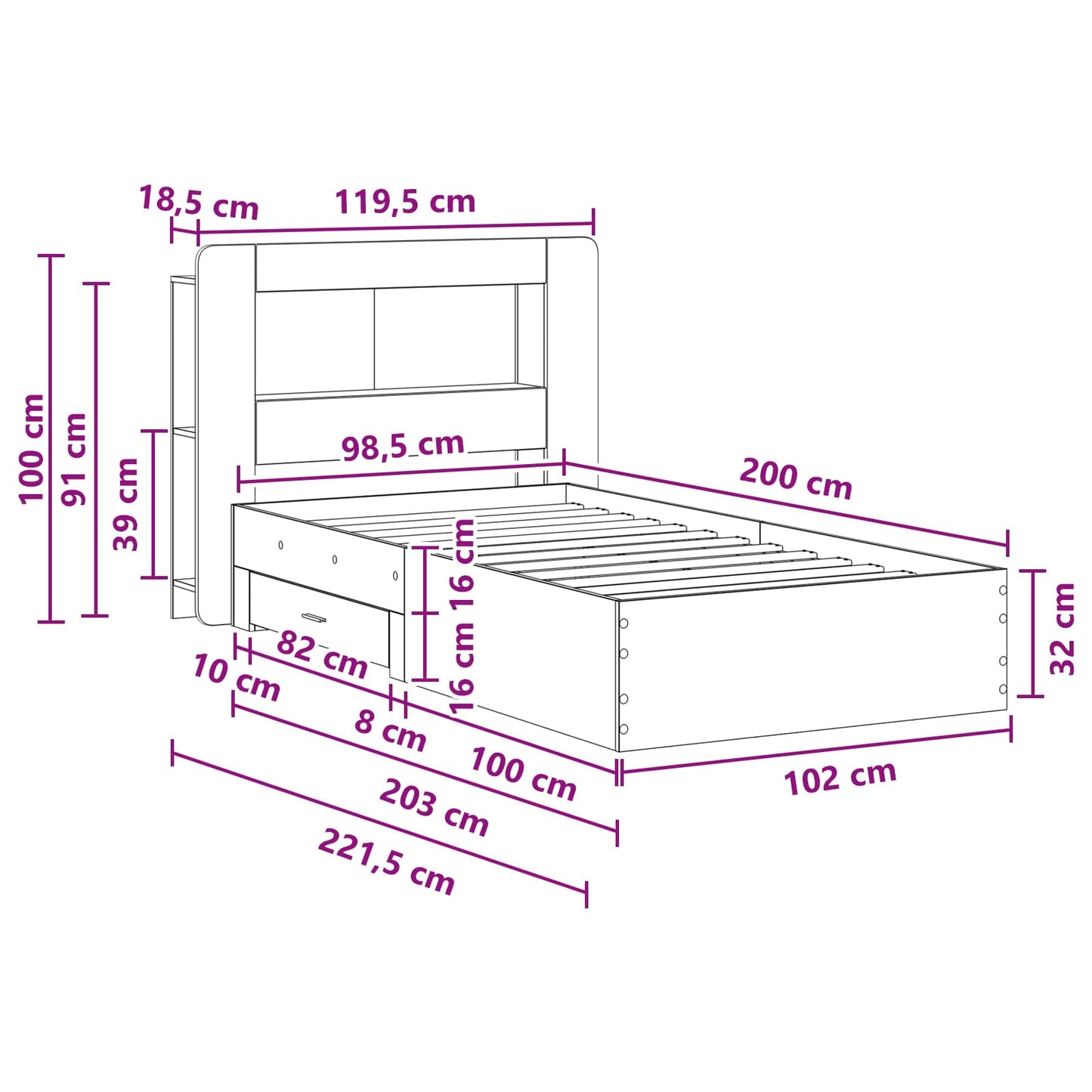 Bed Frame with Storage Sonoma Oak 100 x 200 cm Engineered Wood