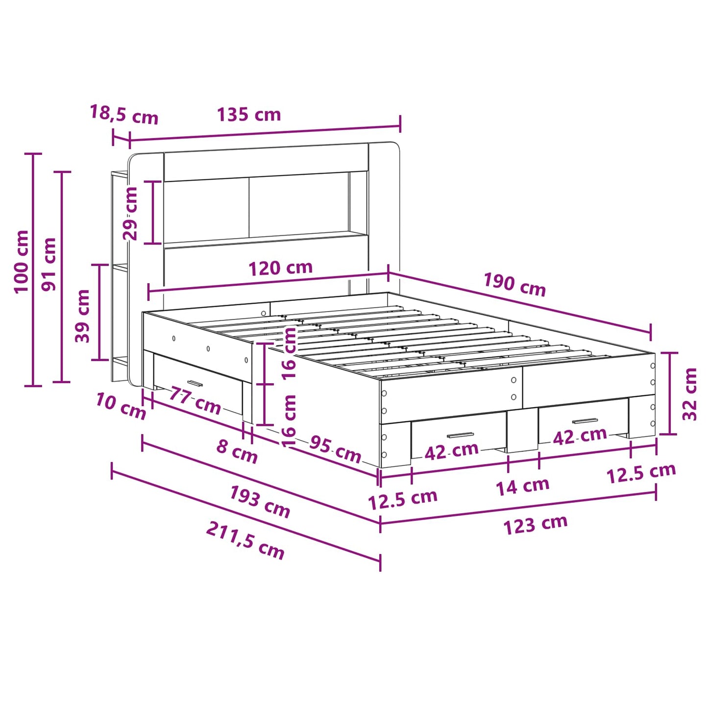 Bed Frame with Storage Smoked Oak 120 x 190 cm Engineered Wood
