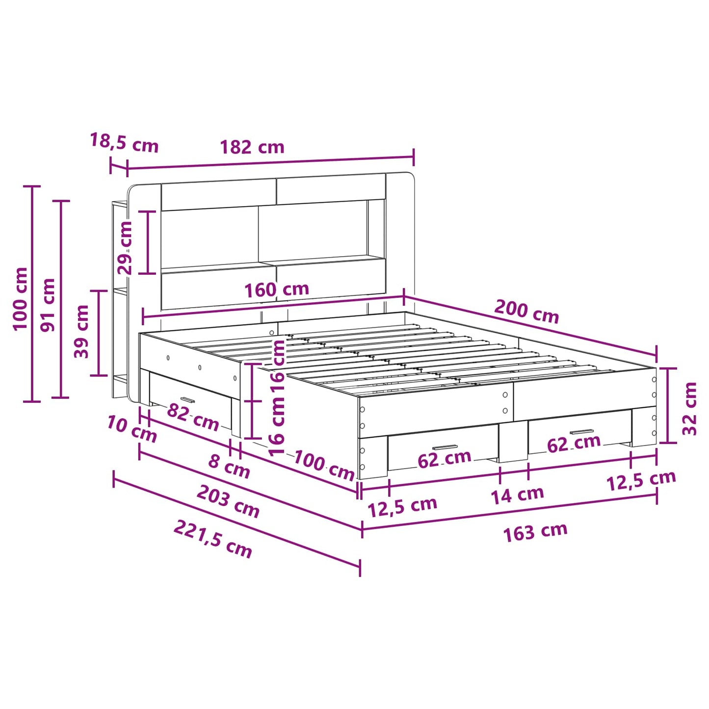Bed Frame with Storage Concrete Grey 160 x 200 cm