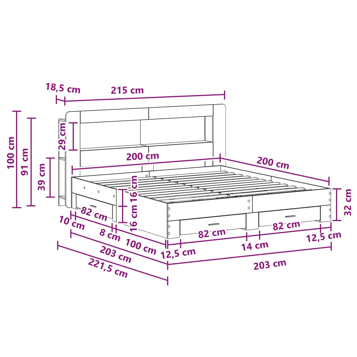 Bed Frame with Storage Concrete Grey 200 x 200 cm
