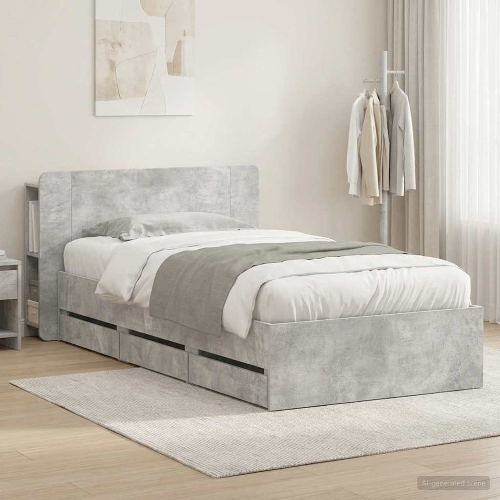 Bed Frame with Storage with Headboard Concrete Grey 75 x 190 cm