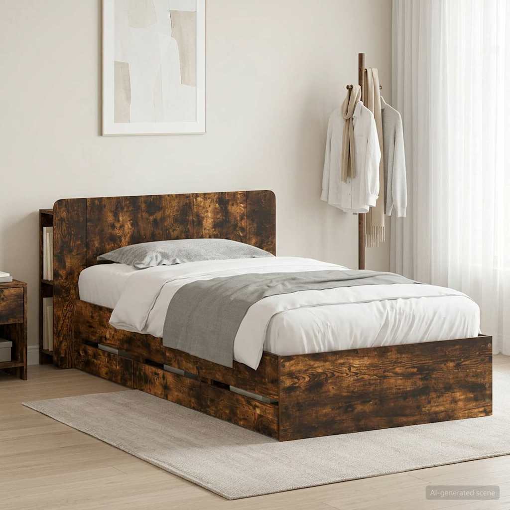 Bed Frame with Storage Smoked Oak 75 x 190 cm Engineered Wood