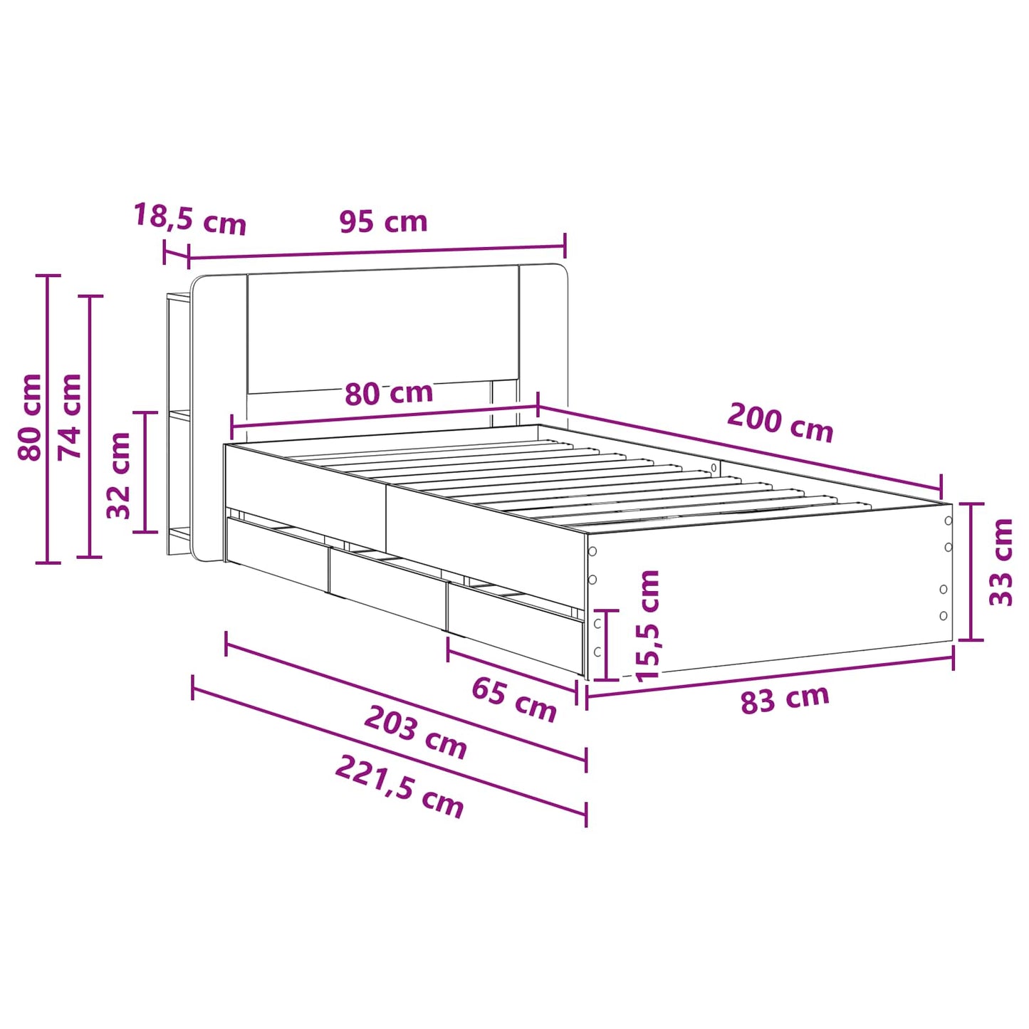 Bed Frame with Storage Sonoma Oak 80 x 200 cm Engineered Wood