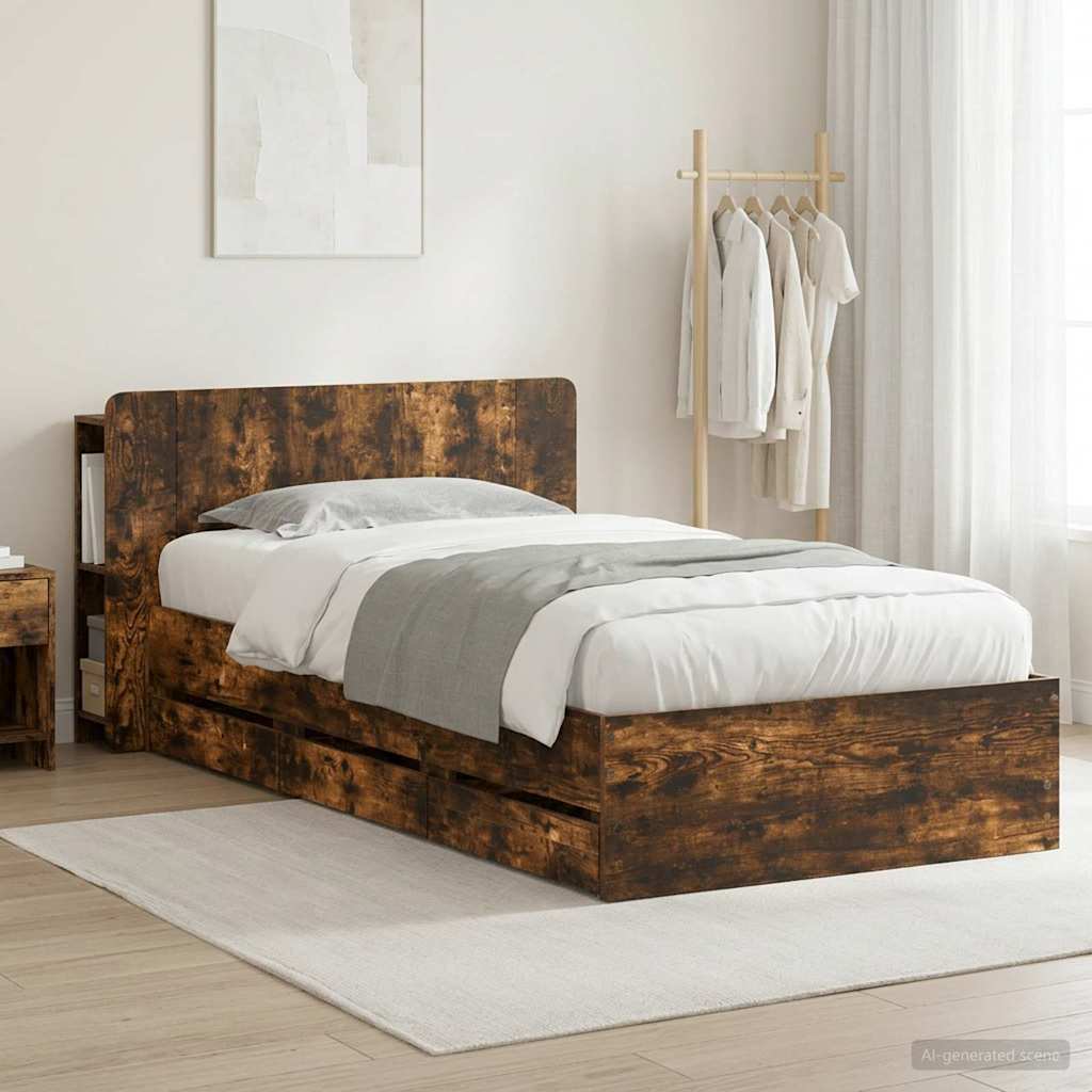 Bed Frame with Storage Smoked Oak 90 x 190 cm Engineered Wood