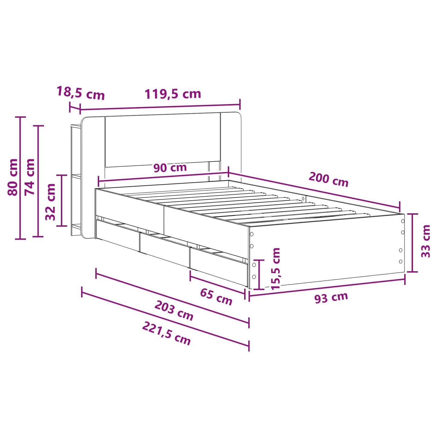 Bed Frame with Storage Smoked Oak 90 x 200 cm Engineered Wood