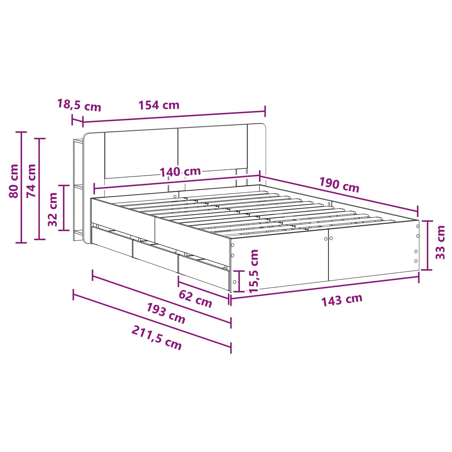 Bed Frame with Storage Smoked Oak 135 x 190 cm Engineered Wood
