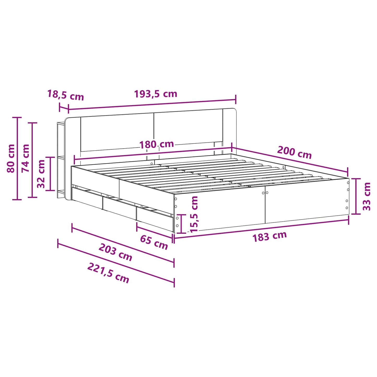 Bed Frame with Storage Black 180 x 200 cm Engineered Wood