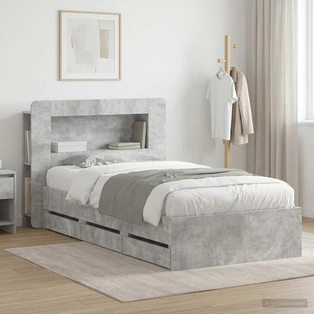 Bed Frame with Storage with Headboard Concrete Grey 75 x 190 cm
