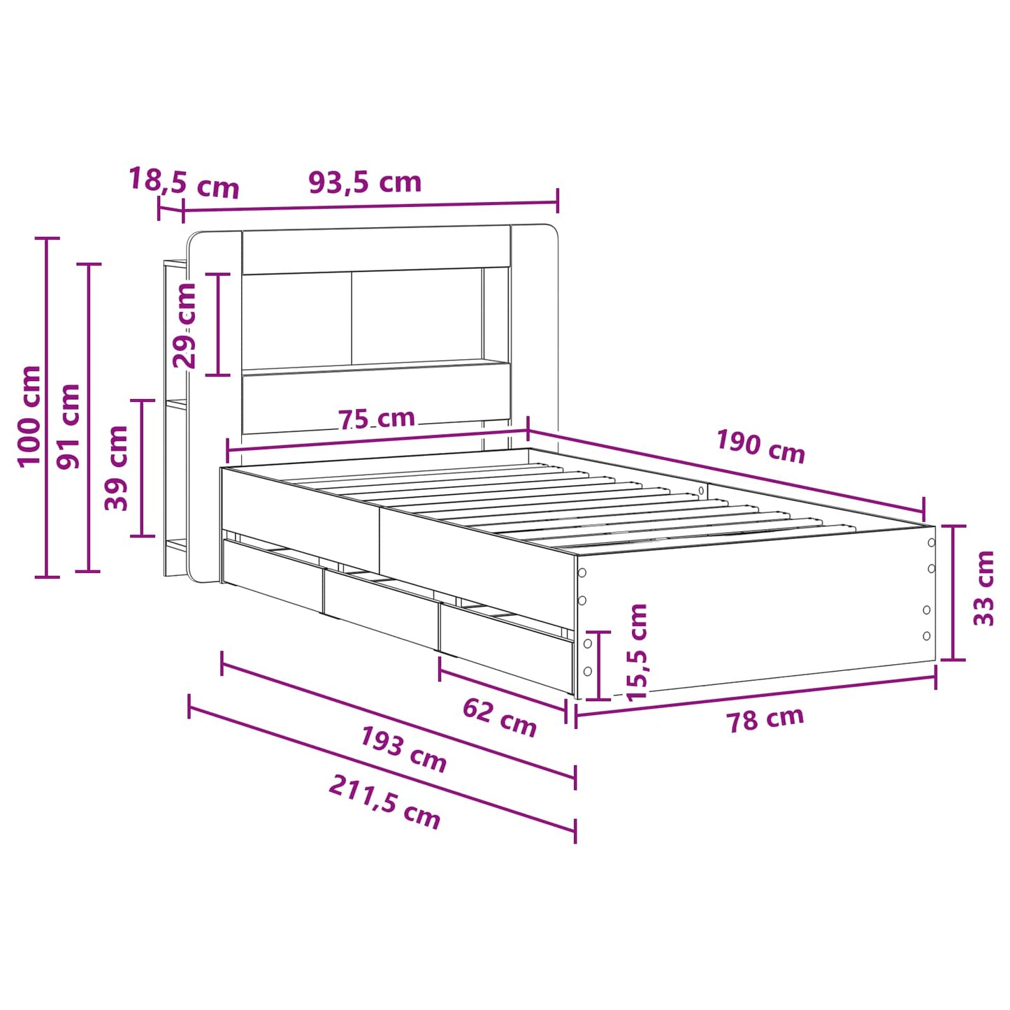 Bed Frame with Storage with Headboard Concrete Grey 75 x 190 cm