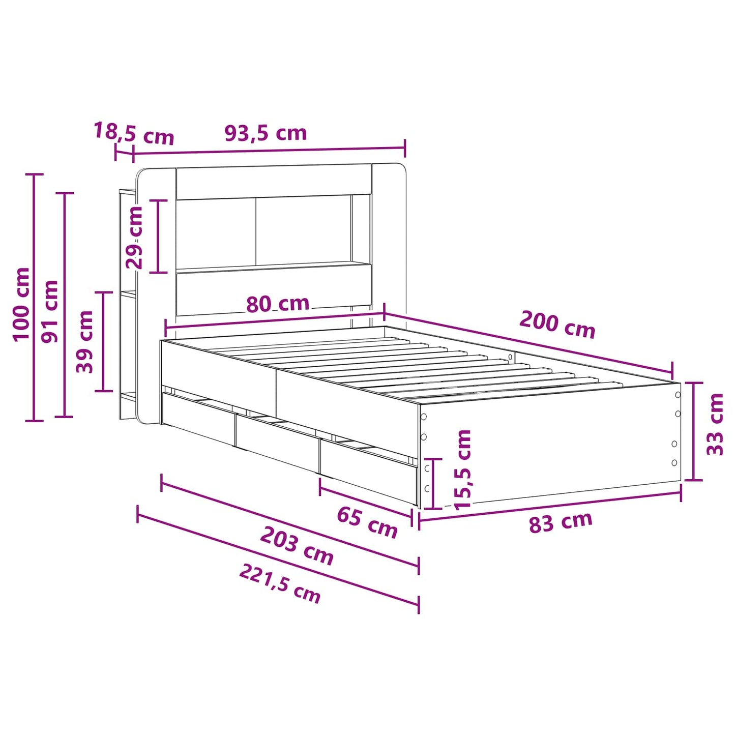 Bed Frame with Storage Grey Sonoma 80 x 200 cm Engineered Wood