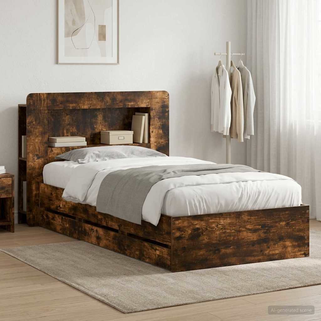 Bed Frame with Storage Smoked Oak 90 x 190 cm Engineered Wood