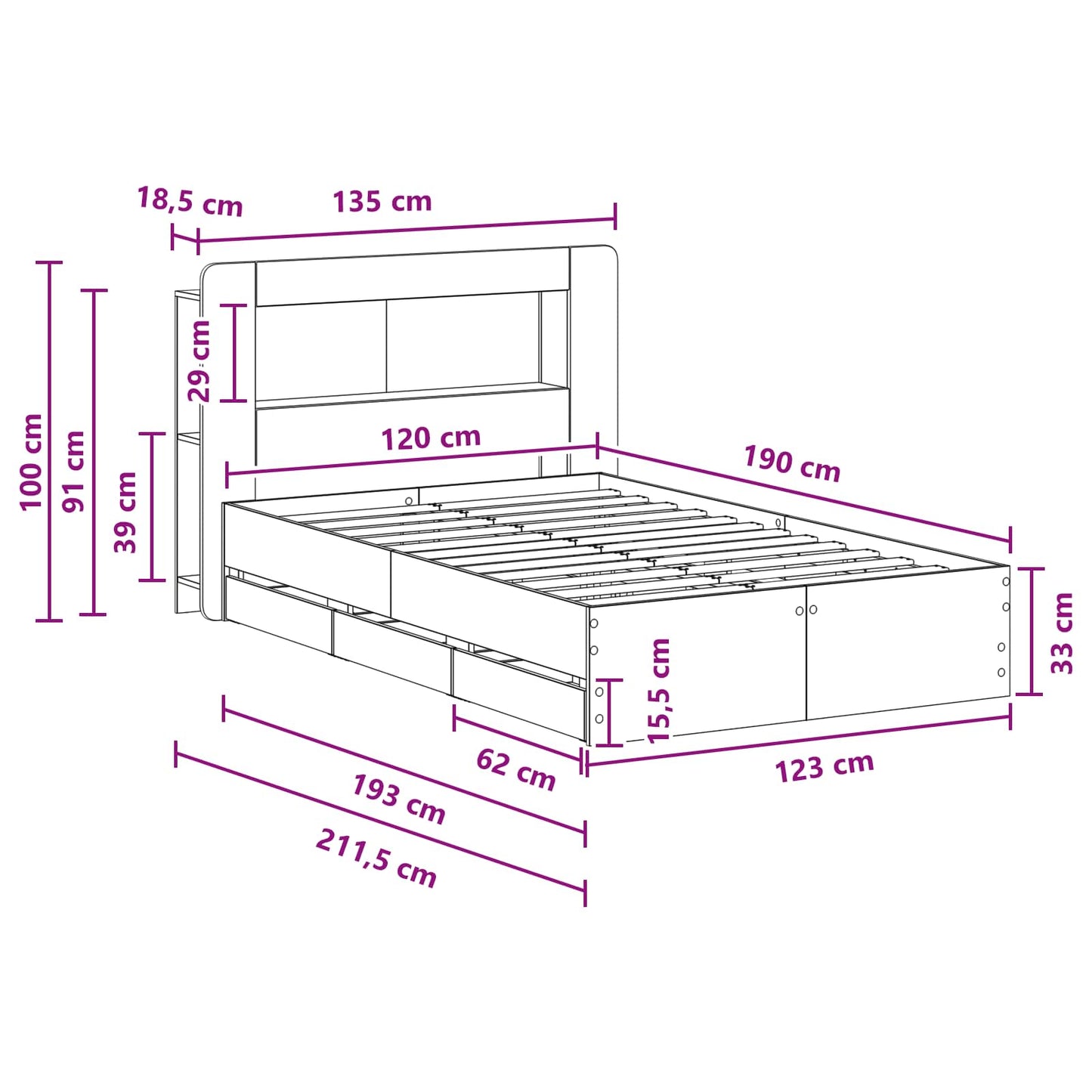 Bed Frame with Storage Smoked Oak 120 x 190 cm Engineered Wood