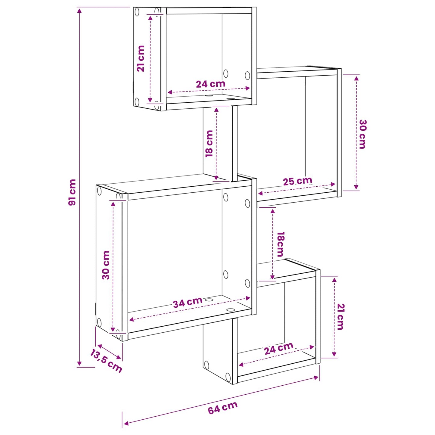 Wall Cube Shelves Wall-Mounted Brown 64 x 13.5 x 91.5 cm