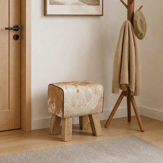 Bench 40 x 30 x 45 cm Real Leather Brown and White